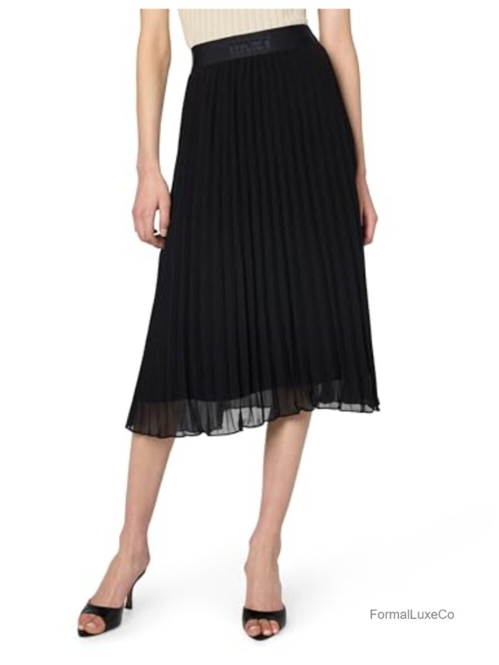 DKNY High Rise Pleated Midi Skirt Ruched Elastic Waist Office